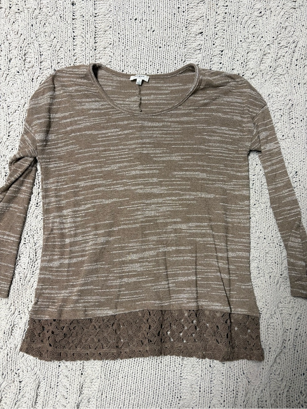 Umgee Taupe & White Striped Lace-Hem Long Sleeve Top